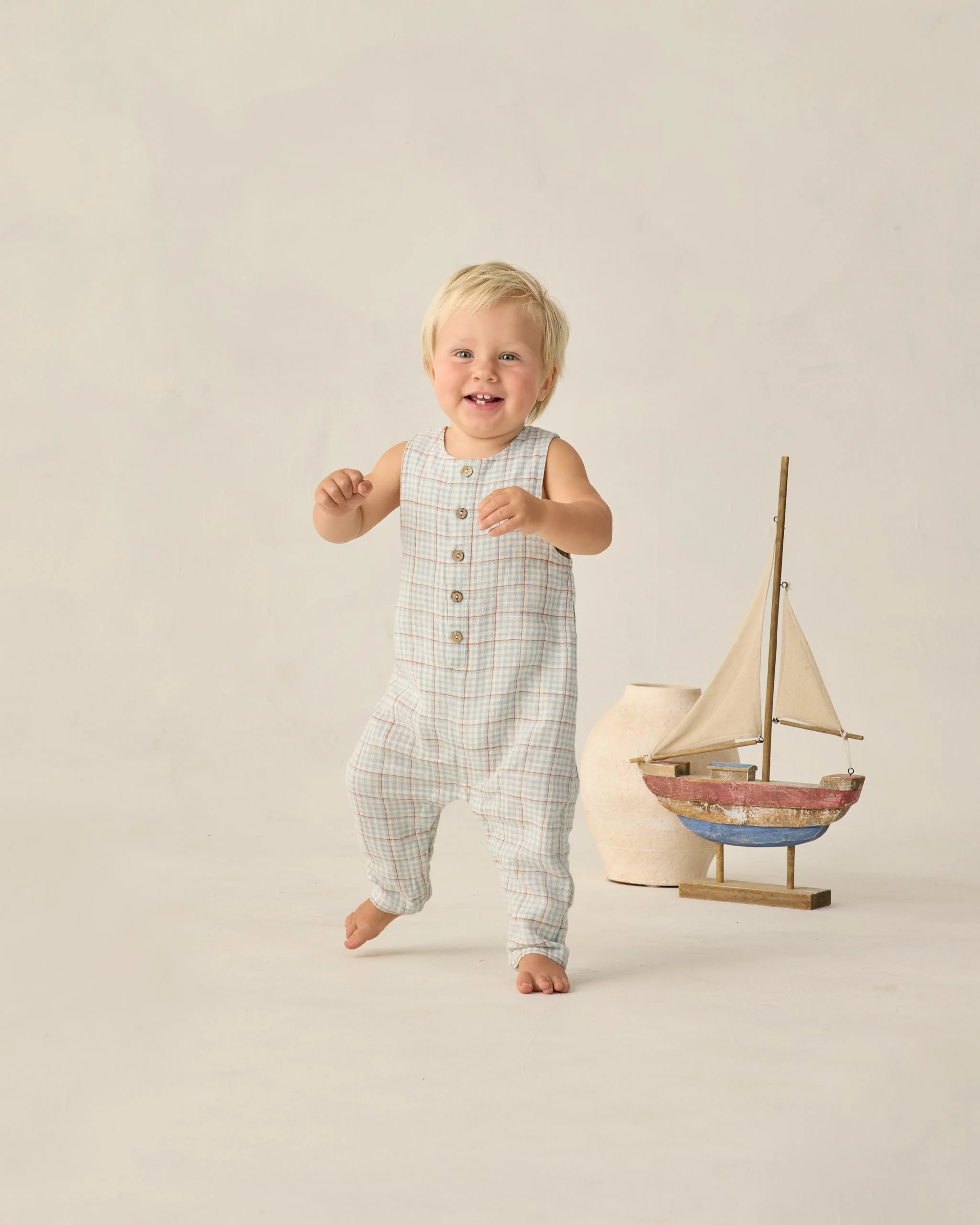 Button Jumpsuit Light Blue Plaid - Image 2