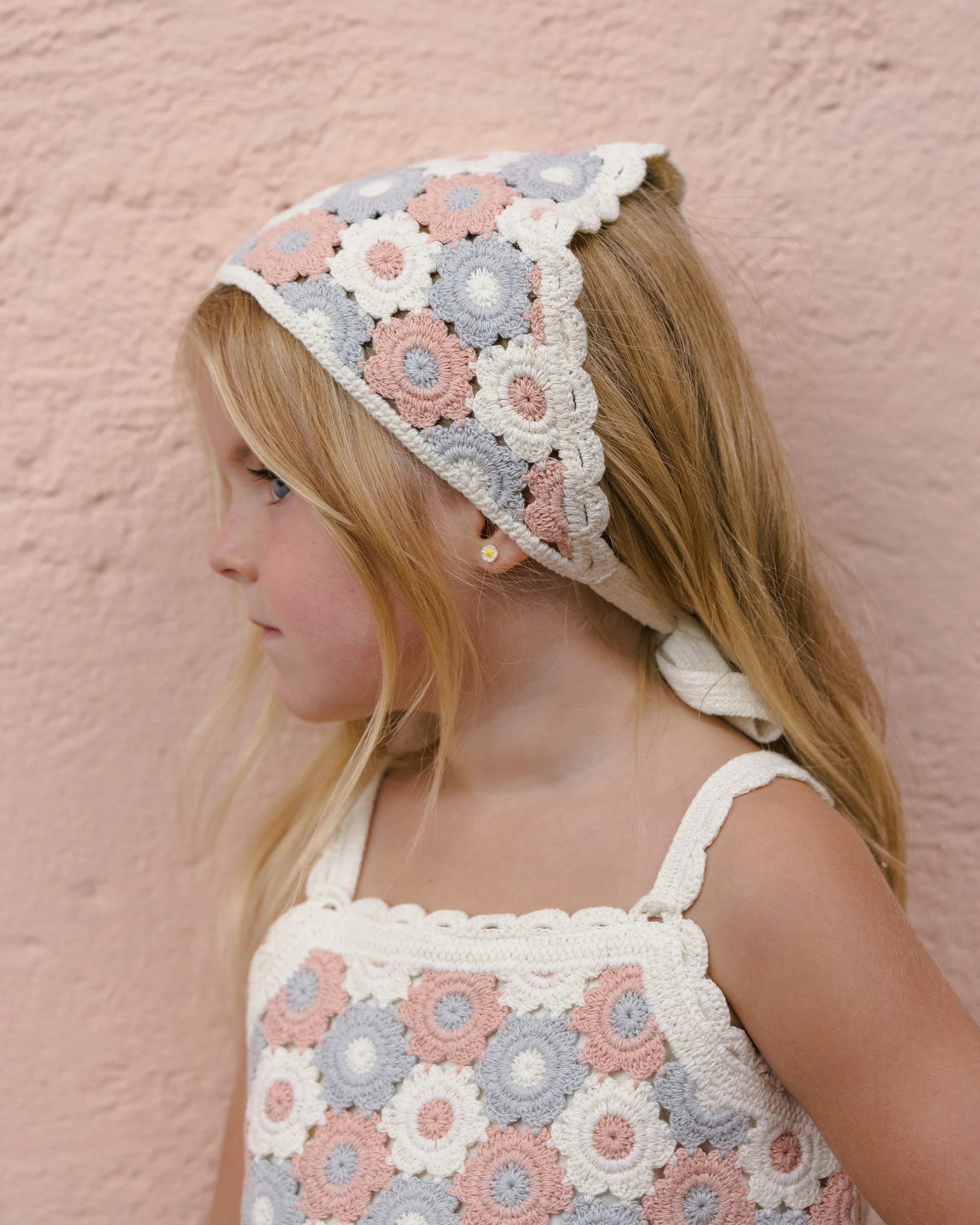 Crochet Scarf Blue, Light Pink, Ivory - Image 3