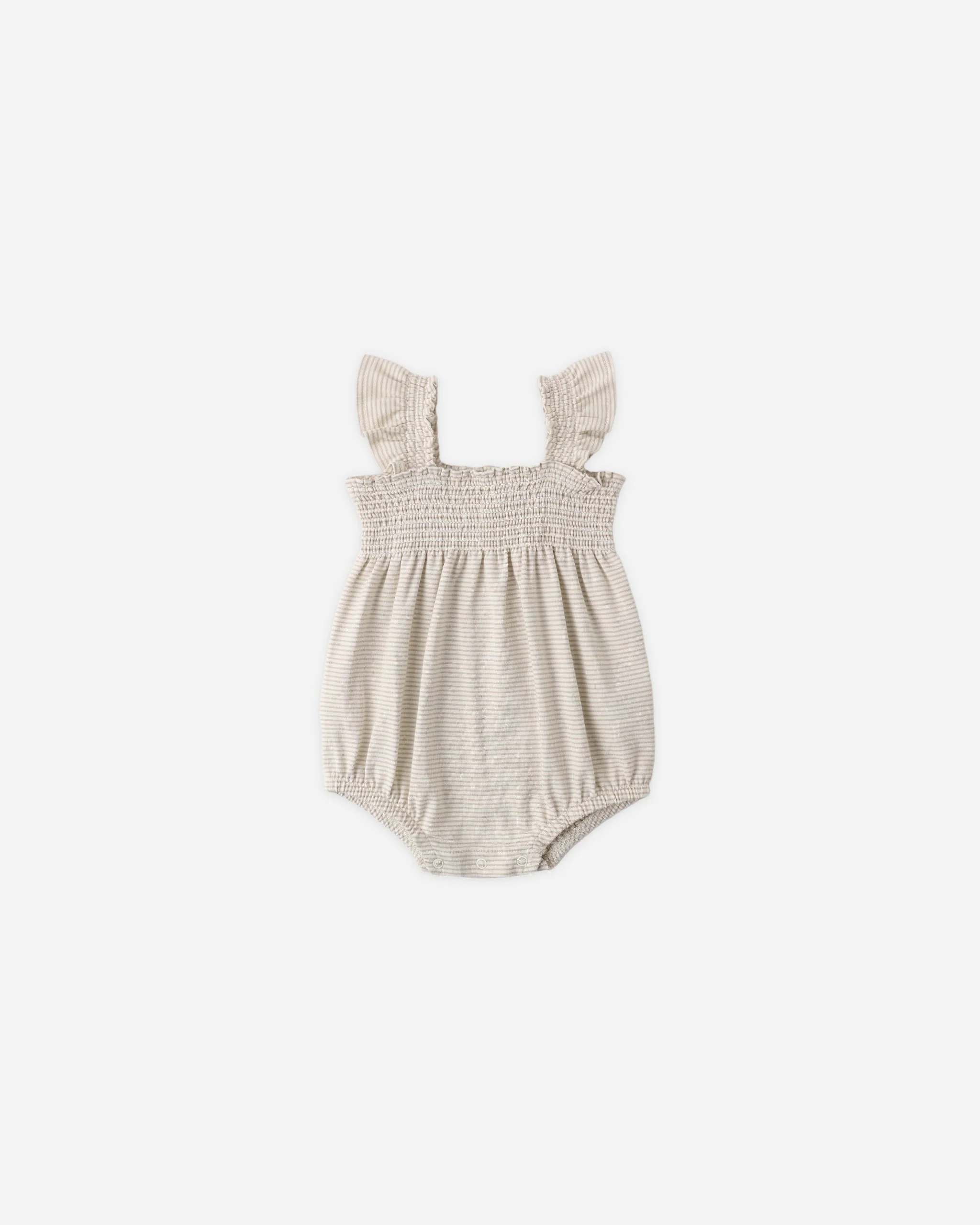 Smocked Ruffle Sleeve Romper Oat Micro Stripe
