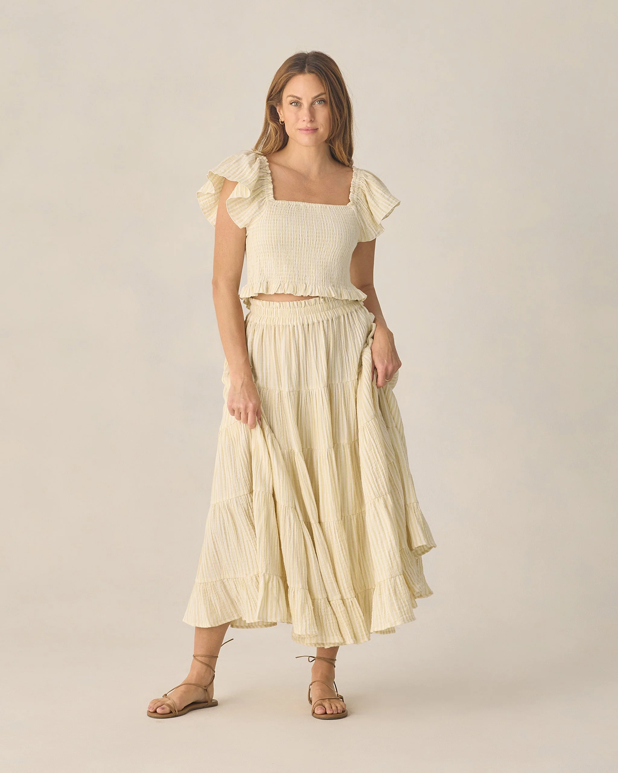 Women's Ruffle Tiered Maxi Skirt Citron Stripe