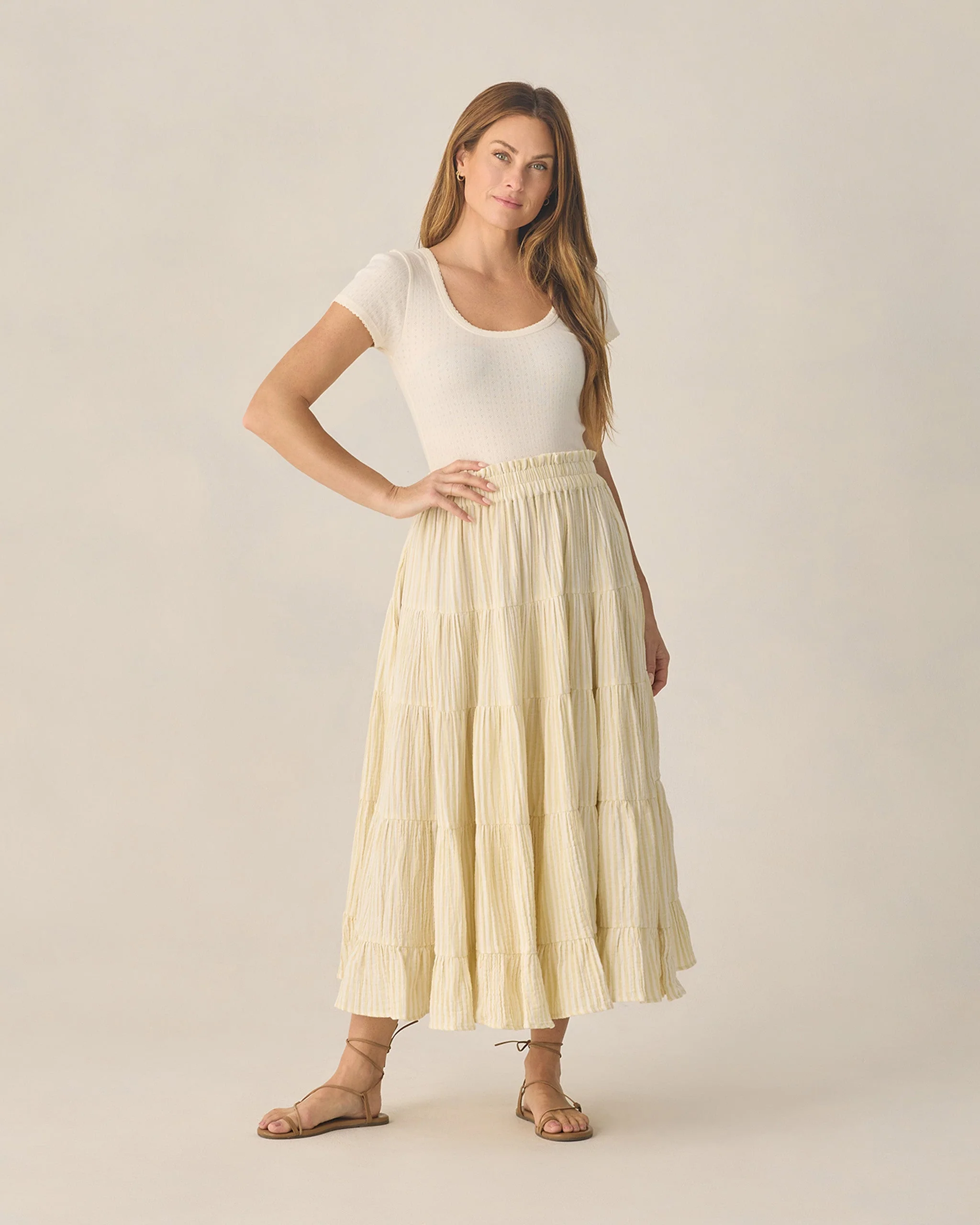 Women's Ruffle Tiered Maxi Skirt Citron Stripe - Image 4